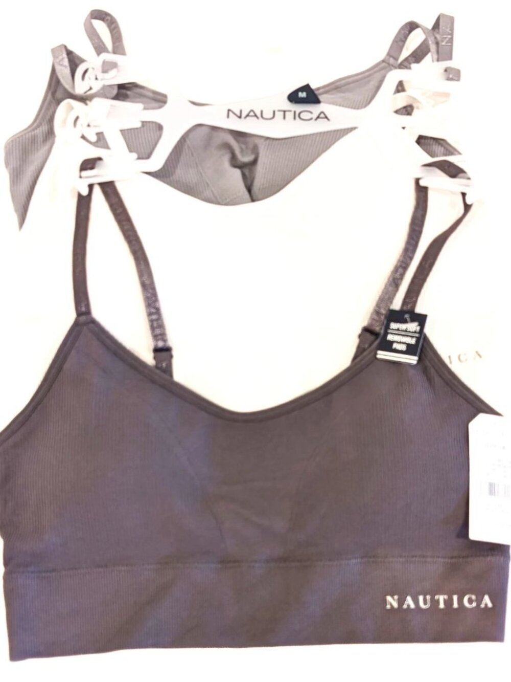 Nautica Womens Seamless Ribbed Bralettes 3 Pack Removable Pads Grey Beige M NWT